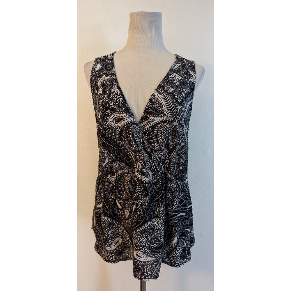 New LOFT sz S Faux Wrap Tank Top black & off white print sleeveless shirt 3641